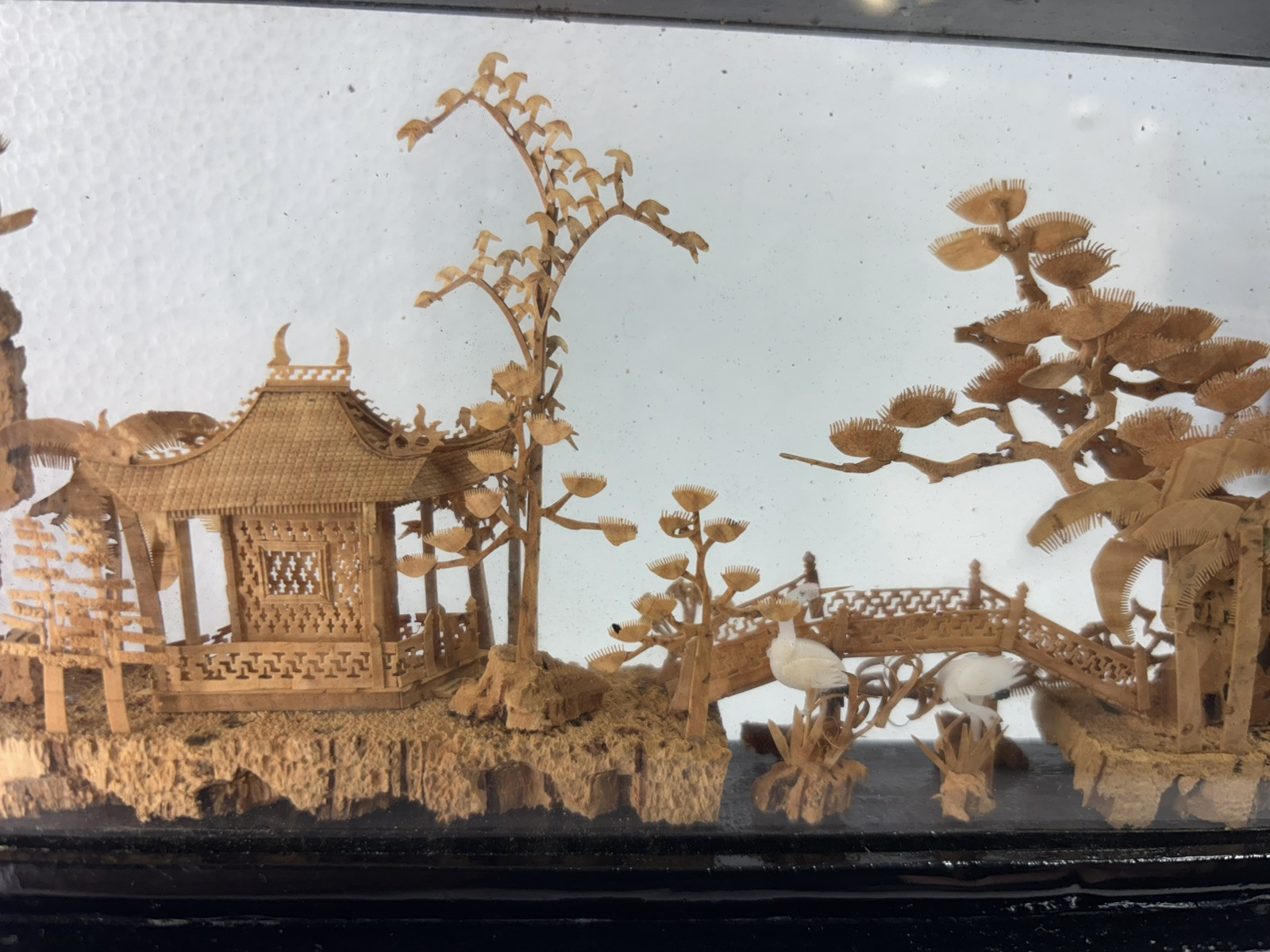 Vintage Hand-Carved Chinese Cork & Wood Diorama Encased In Glass & Wood Stand