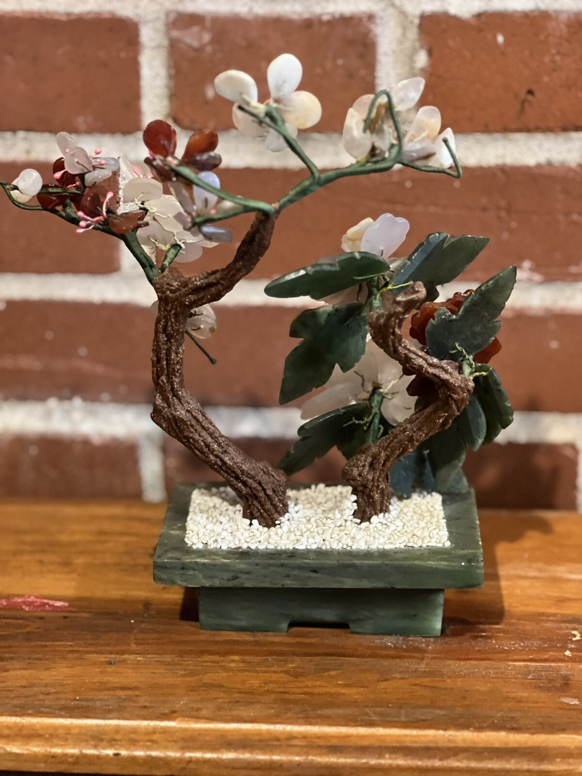 Vintage Chinese Jade Stone Glass Bonsai Mineral Tree Multi Color 9 x 10″