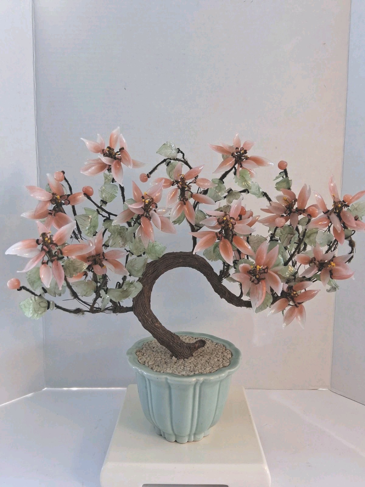 Vtg! XL Asian Bonsai Jade Glass & Coral Color Quartz Flowering Tree;14.5″x 13.0″