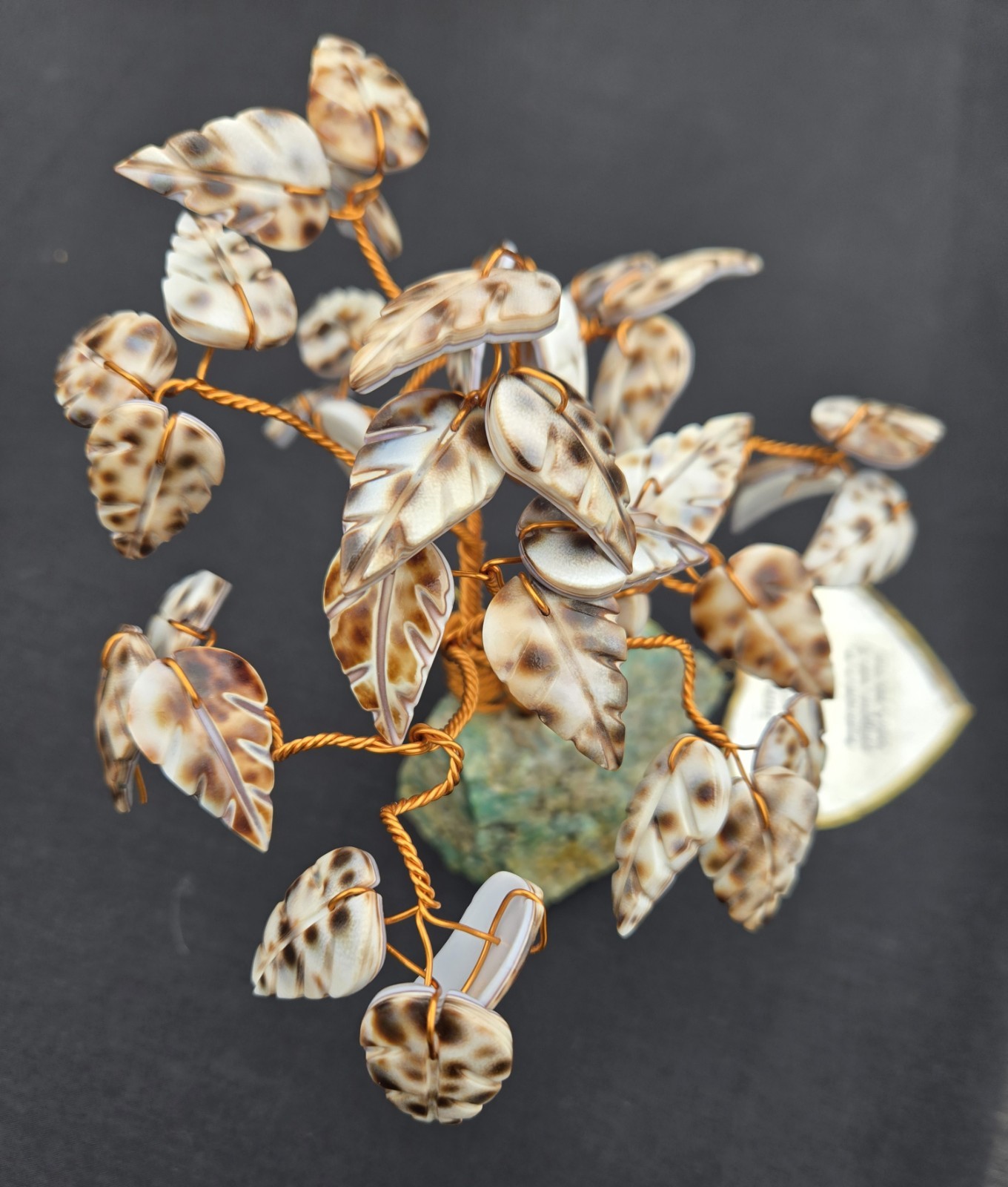 Vintage 5.5 In Fortune Copper & Carved Sea Shell Tree On Jade Stone Original Tag