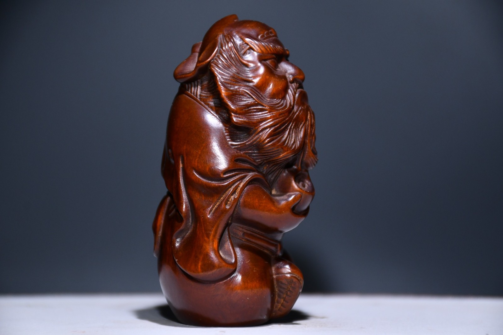 3.4″ China Box-wood Carving Zhong Kui Avert Evil Spirits Demon Queller Statue