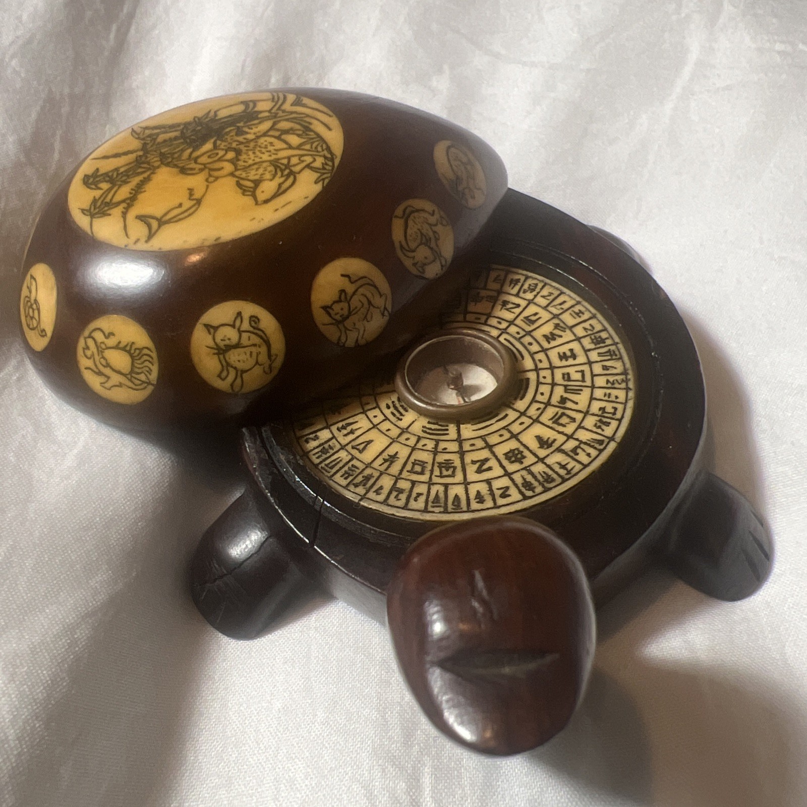 Vintage Carved Wood Turtle with Inlaid Chinese Zodiac Signs Opens to Compass