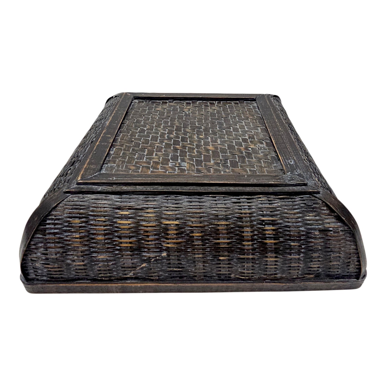 Vintage Chinese Wedding Basket Black Lacquer Woven Bamboo Export 13″ PRC