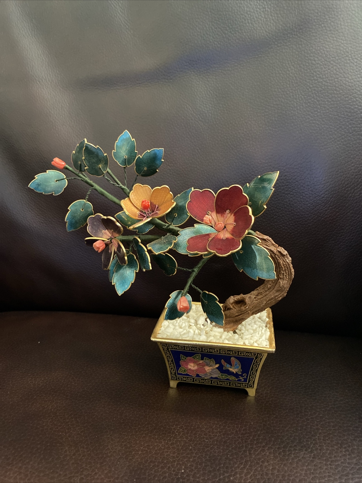 VINTAGE CHINESE GUILLOCHE ENAMEL BONSAI TREE & FLOWERS w/ CORAL CLOISONNE POT