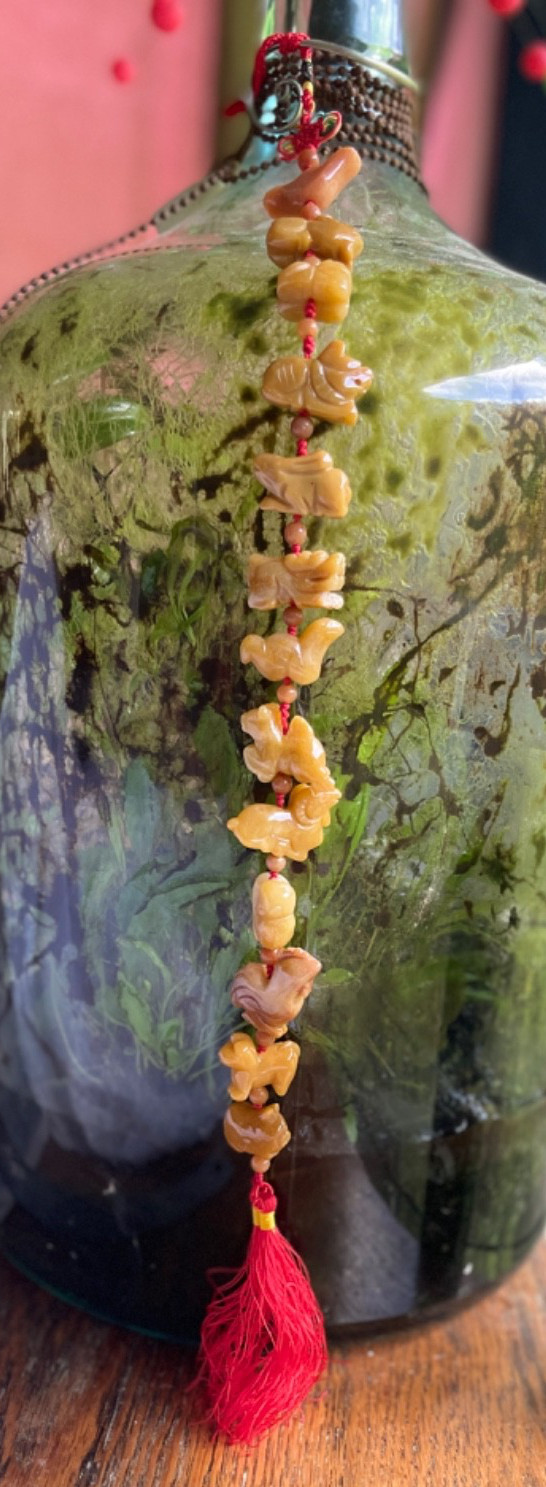 Vintage Chinese Zodiac Jasper Hanging Tassel: 19″ Long