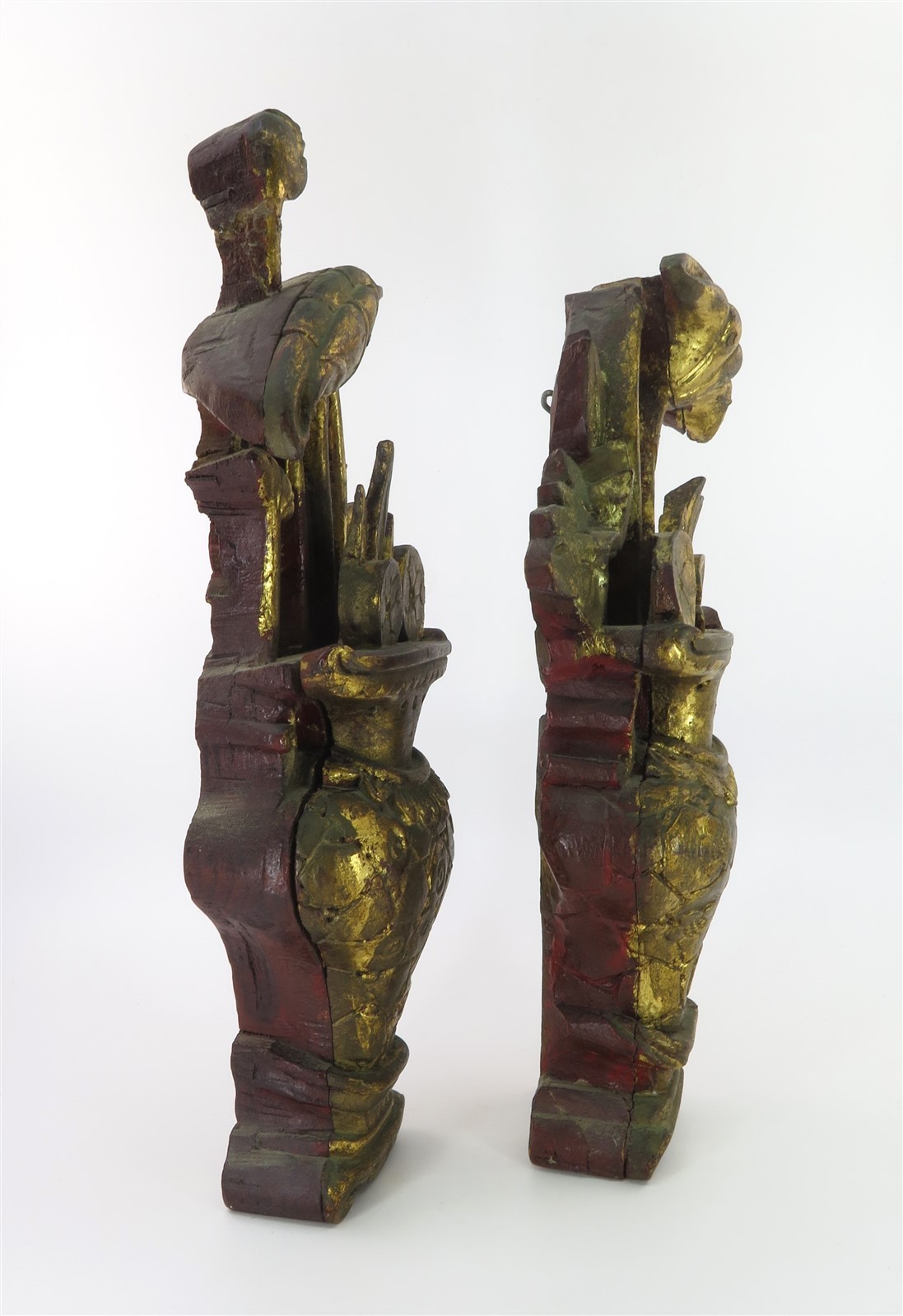 2 Vintage Carved Wood Gilt & Red Chinese Decorative Wall Sculptures 13″ T x 4.5″
