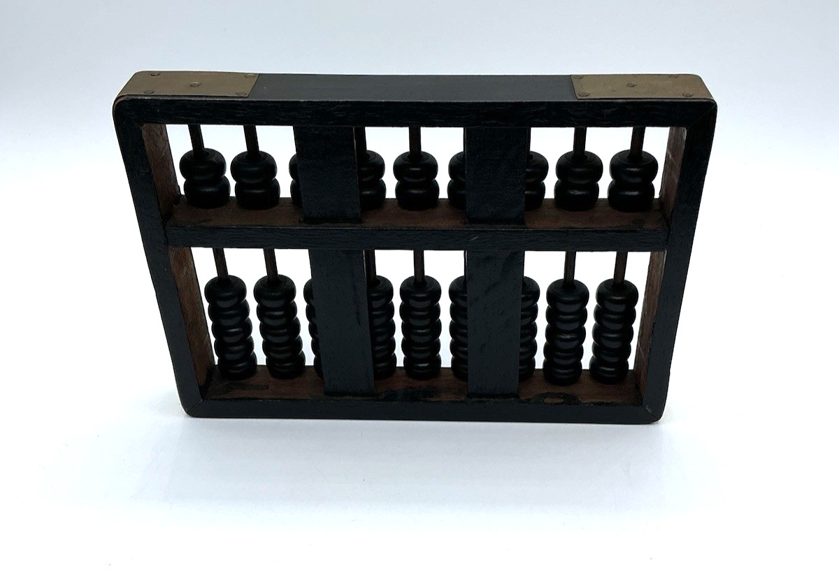 Vintage Wood Wang Hing Abacus Black w/ Brass Accents Hong Kong 9 Rods 63 Beads