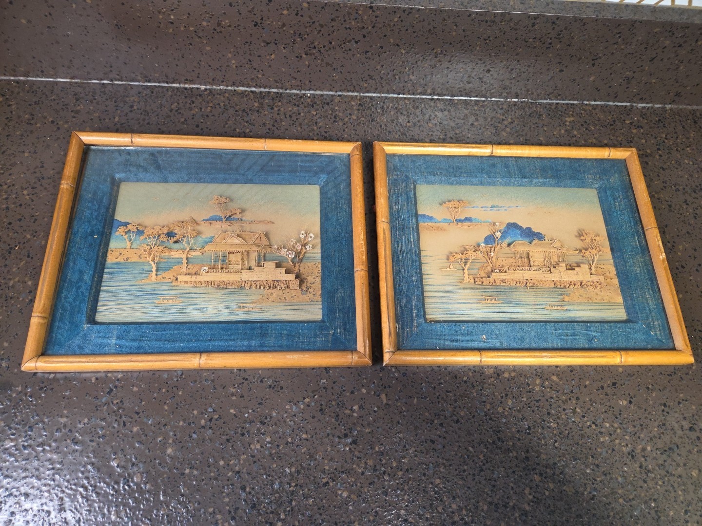 Set of 2 Vintage Asian Cork Art Diorama 3D Shadow Box Wall Art-see Photos