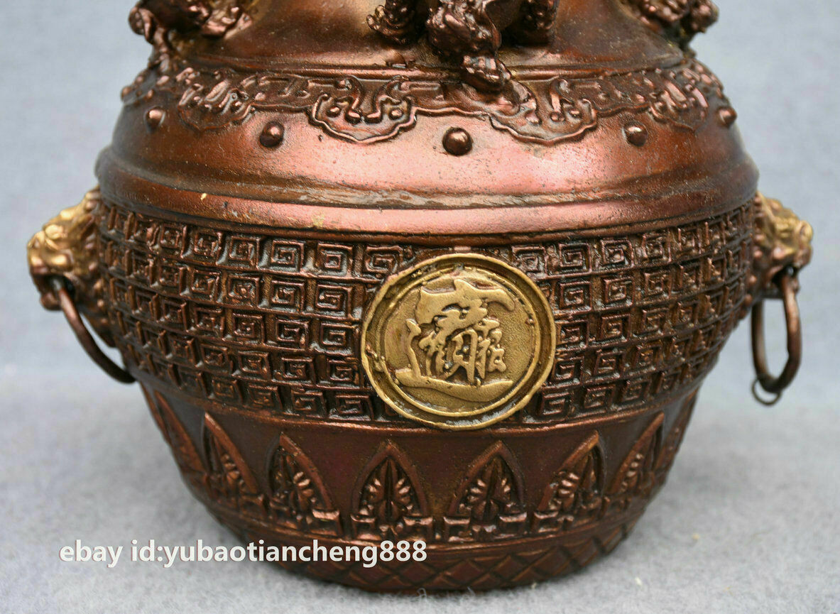 Chinese Folk Bronze Golden Toad Spittor wealth Beast Head Statue Tank Jug Jar