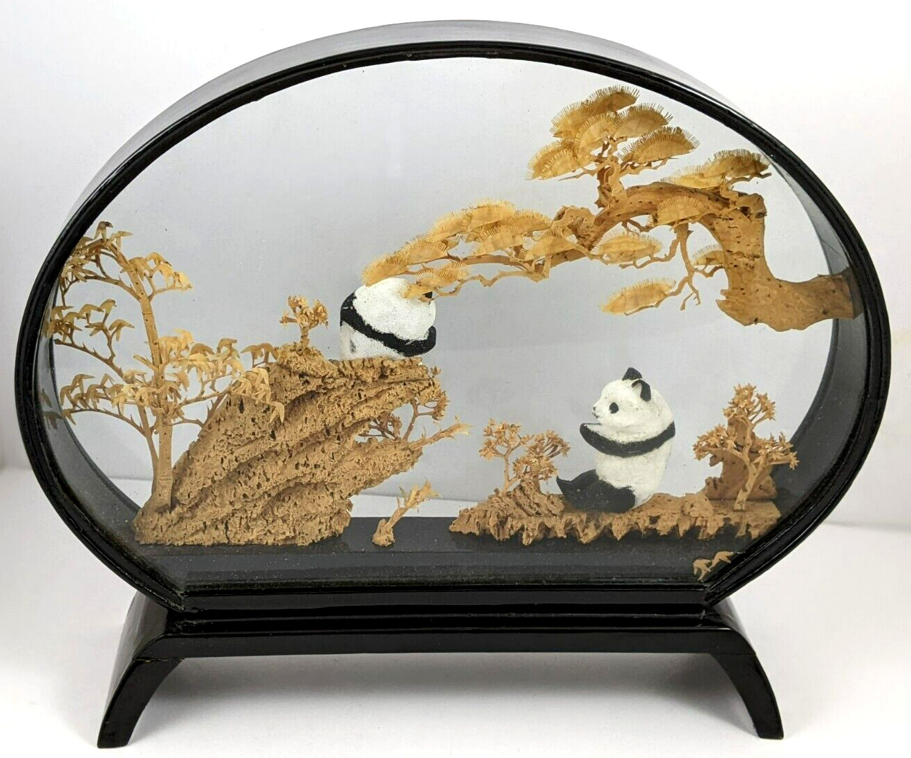Chinese Oval Diorama Panda Bears Hand Carved Cork Trees Scene Lacquered Frame