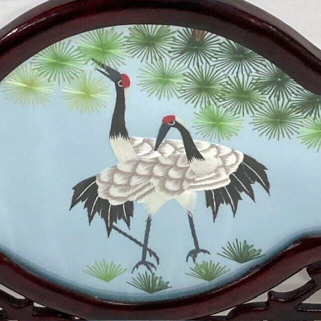 Chinese Oriental Asian 2 Sided Embroidered Cranes Screen Wooden Stand Holder