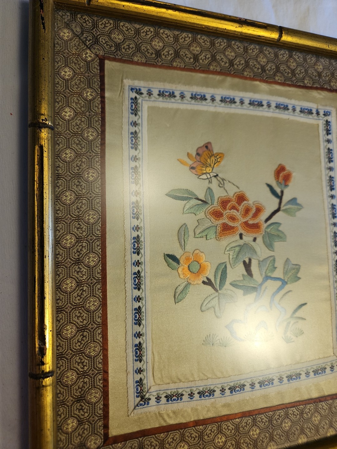 Hand Embroidered Silk Panel Flower and Pink Peach Butterfly ~ Framed Bamboo Like