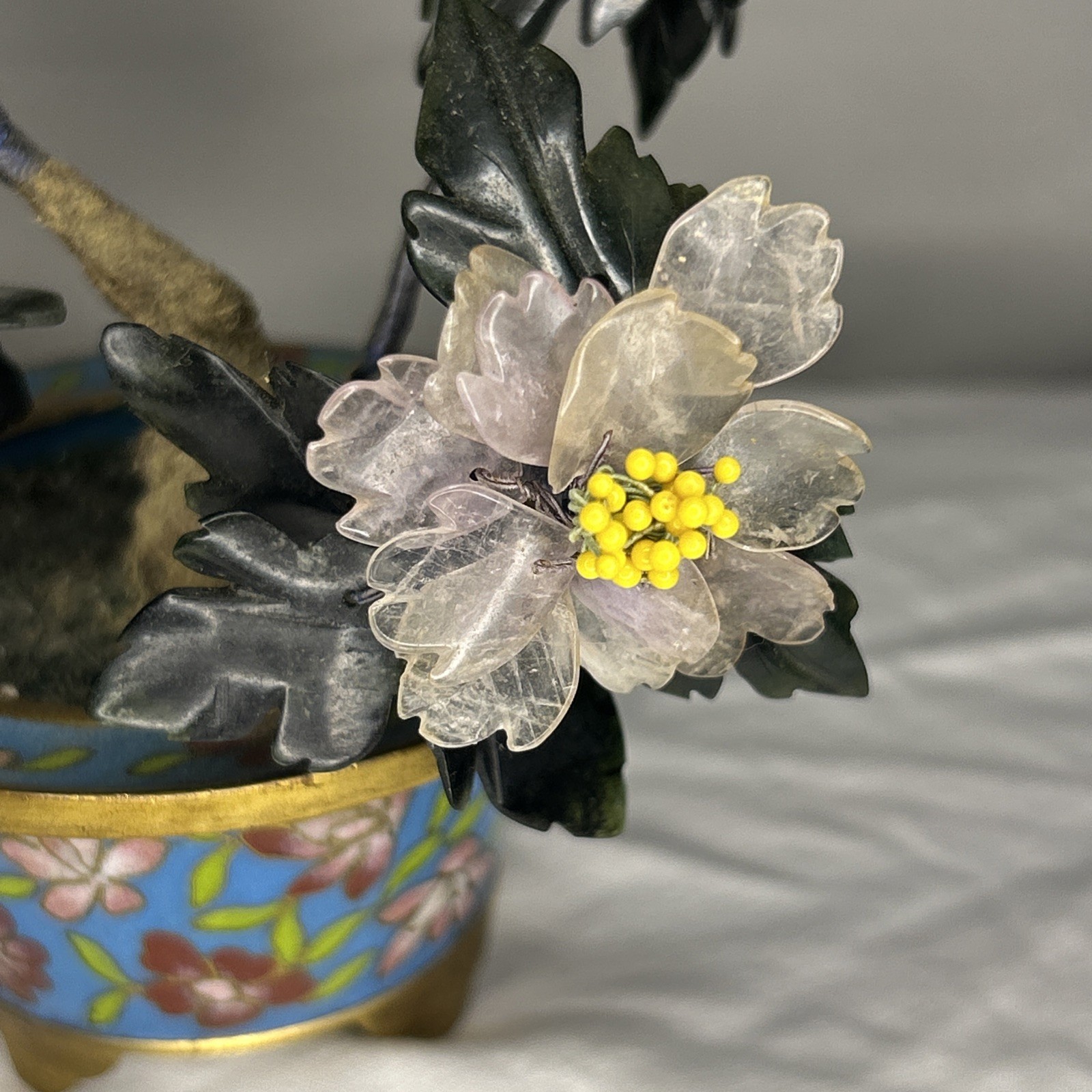 Vintage Chinese Jade Bonsai Tree Sculpture in Cloisonné Enamel Pot Iris Apfel