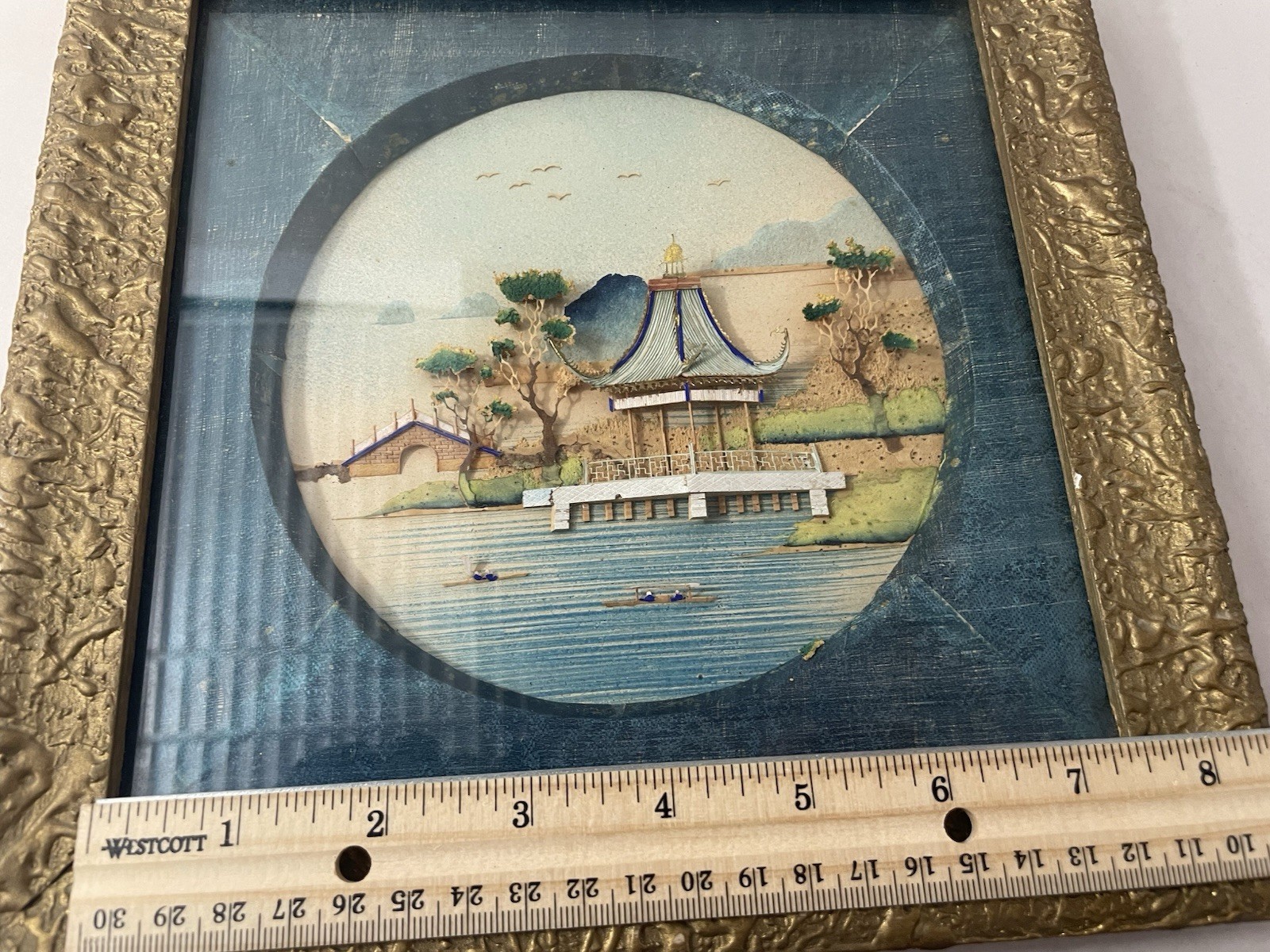 Vintage Chinese Cork Diorama Shadowbox Landscape Gold Frame 10×10” AS IS