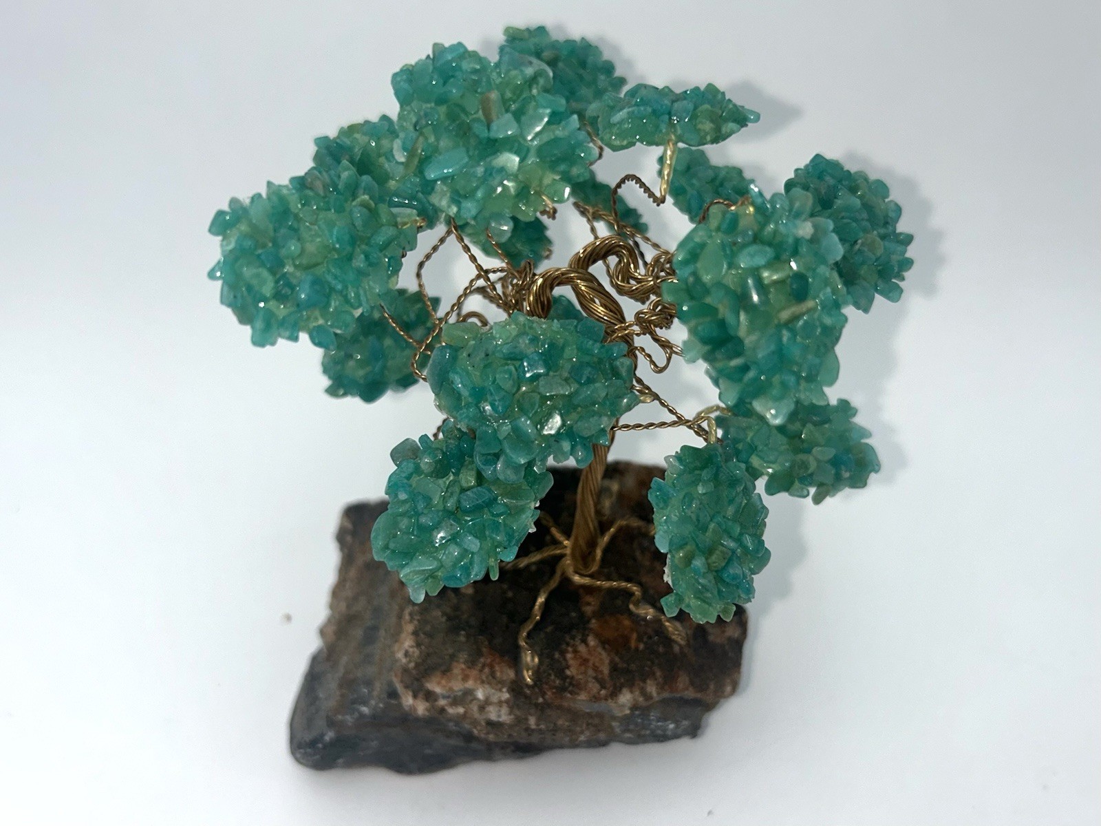 Vintage Crystal Bonsai Tree Sculpture Copper Wire on Natural Stone Base.