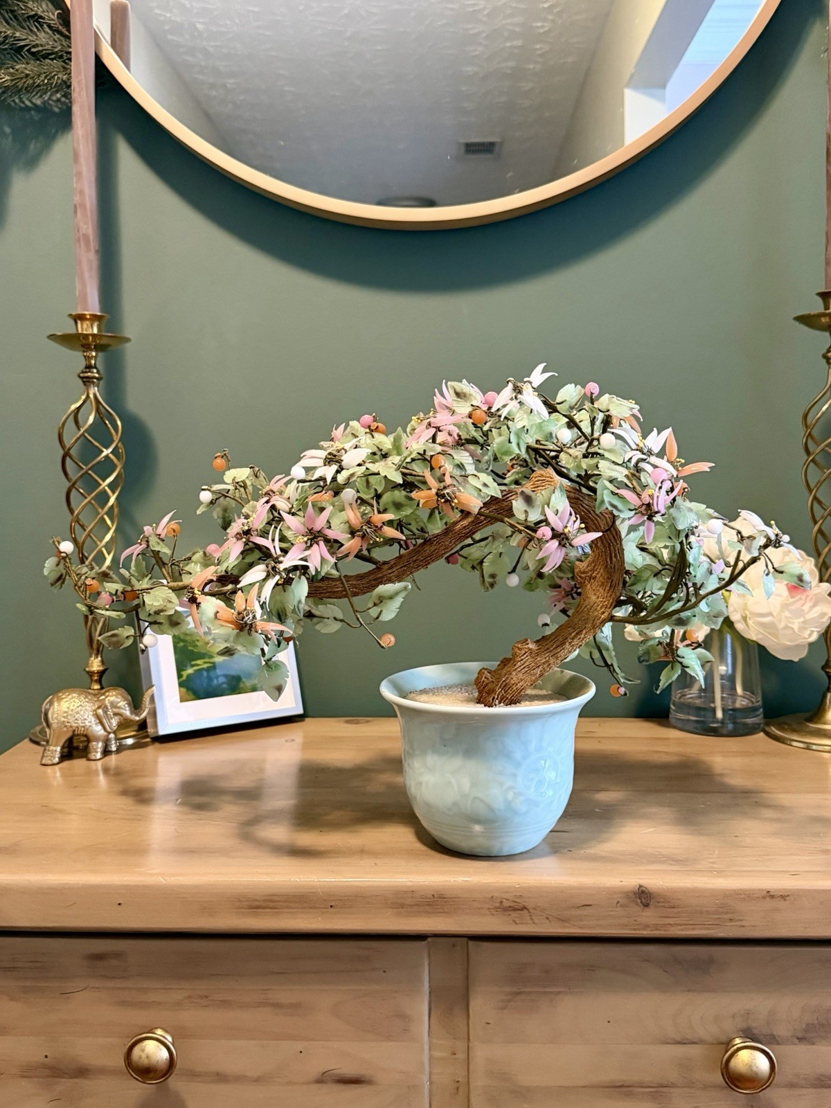 Vintage Chinese Jade Bonsai Tree Gemstone Flowers Celadon Pot