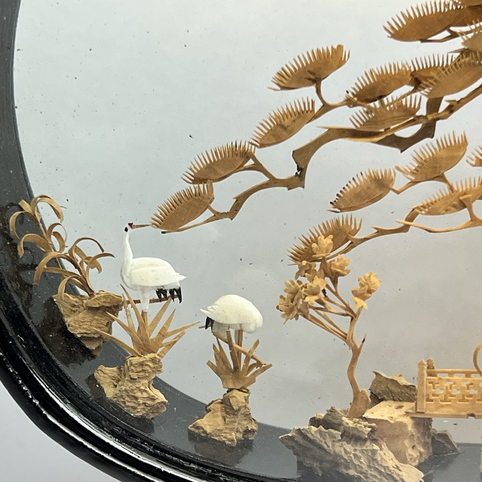Vtg San Diorama Cork HandCarved W/ Pagoda Trees & Cranes In Glass Case 6X7”
