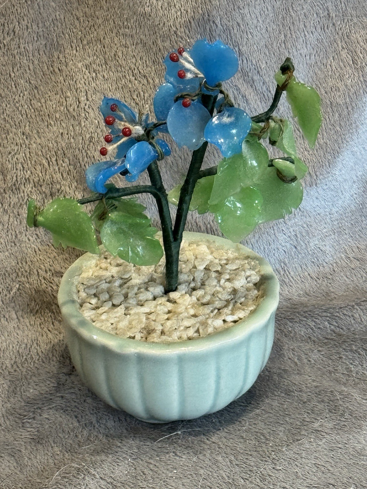 Small Jade Glass With Blue Flowers 4.5” Tall Celadon Pot Vintage