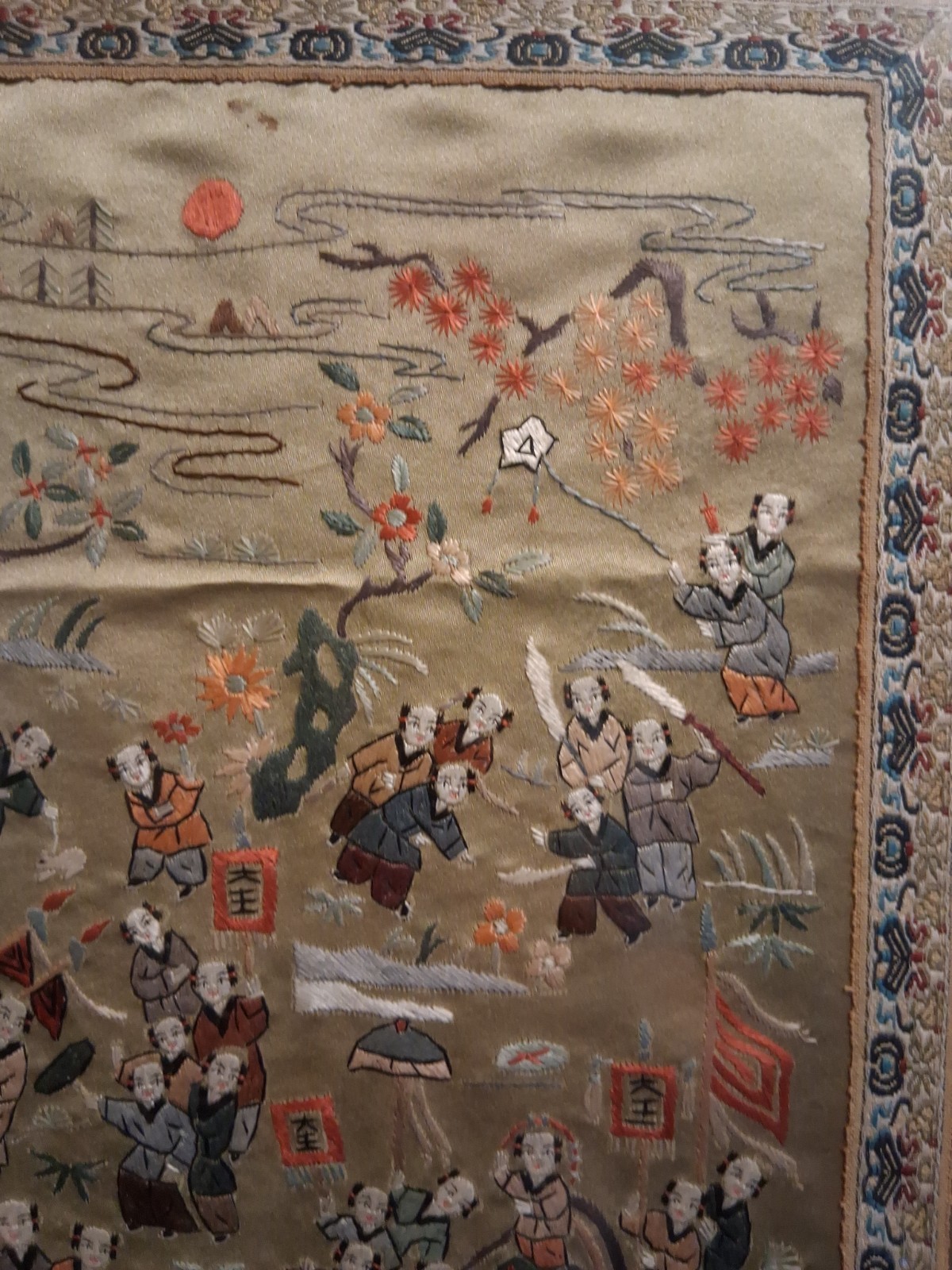SALE….$99.Antique 100 Children Playing Chinese Hand Embroidered Silk Panel