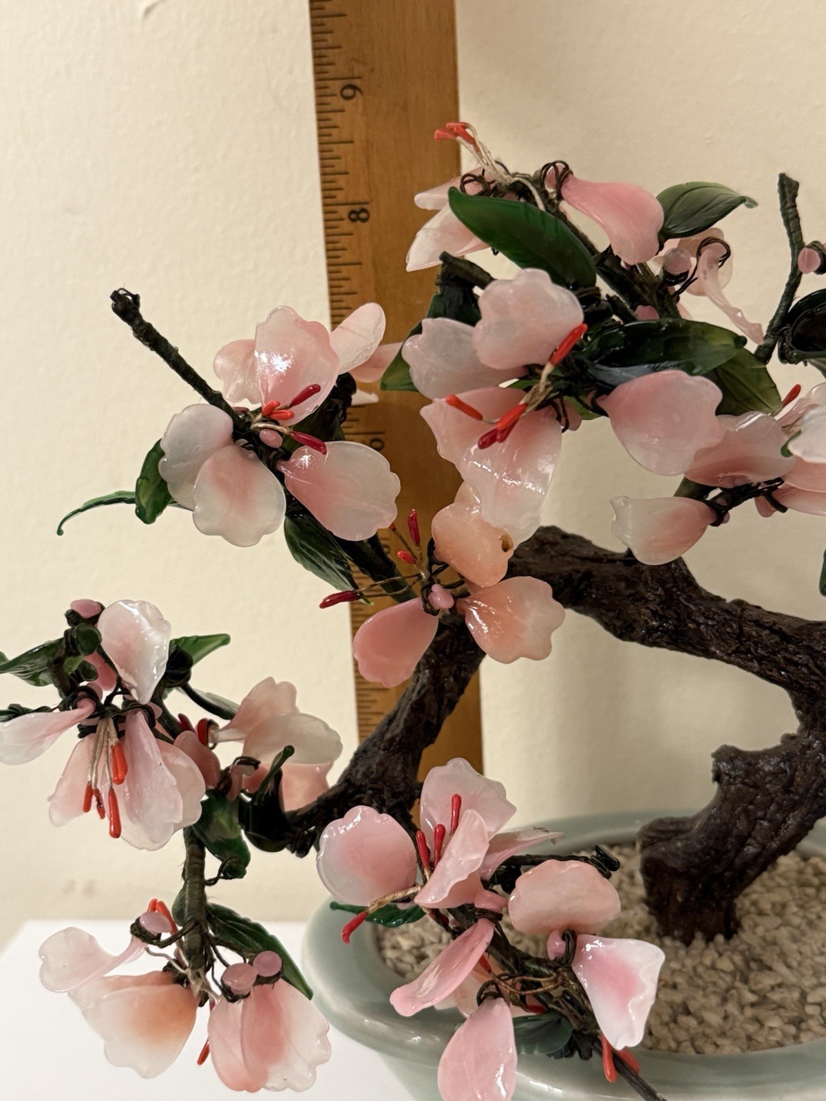 Vtg Asian Jade Glass Flowering Pink Cherry Blossom Bonsai Tree Ceramic Pot 8×9”