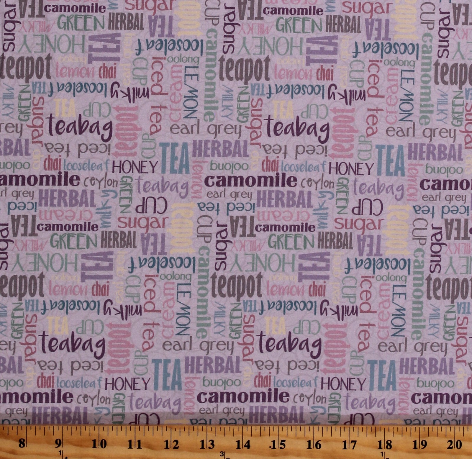 Cotton Tea Words Herbal Teabags Iced Beverages Fabric Print by the Yard D577.45