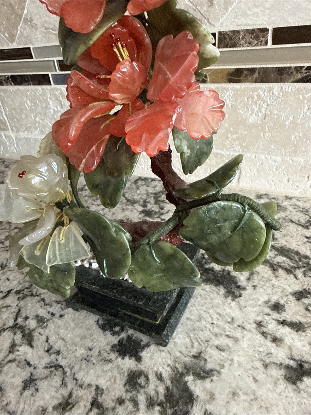 Vintage Chinese Jade Tree Carved Hardstone Flower Carnelian Rose Quartz Agate 9″