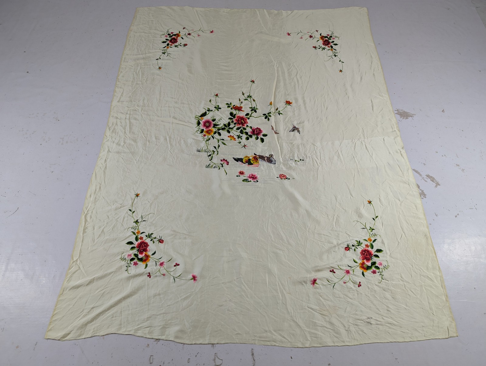 Vintage Chinese Embroidered Floral & Mandarin Ducks Silk Textile 74x56in