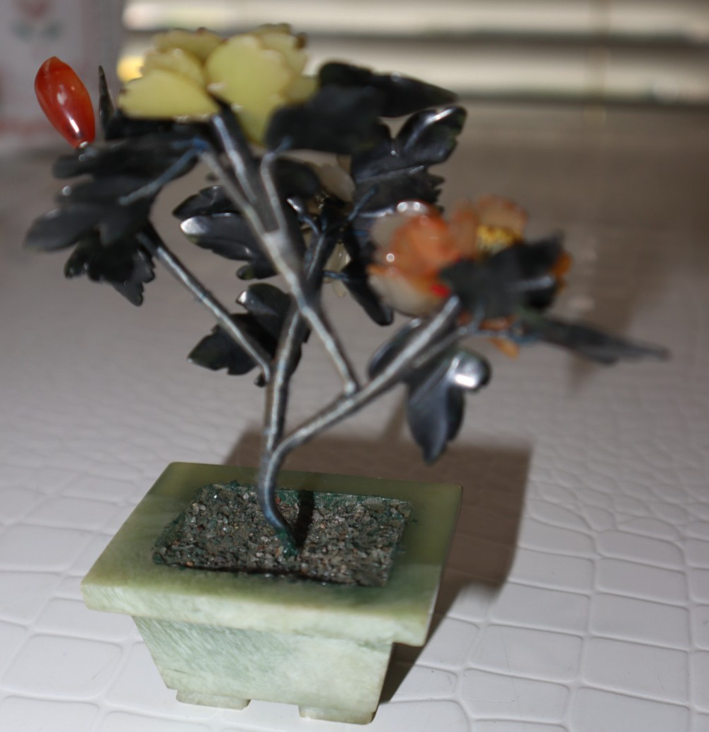 Hand Carved Miniature Jade Tree with Rose Quartz, Jade & Carnelian