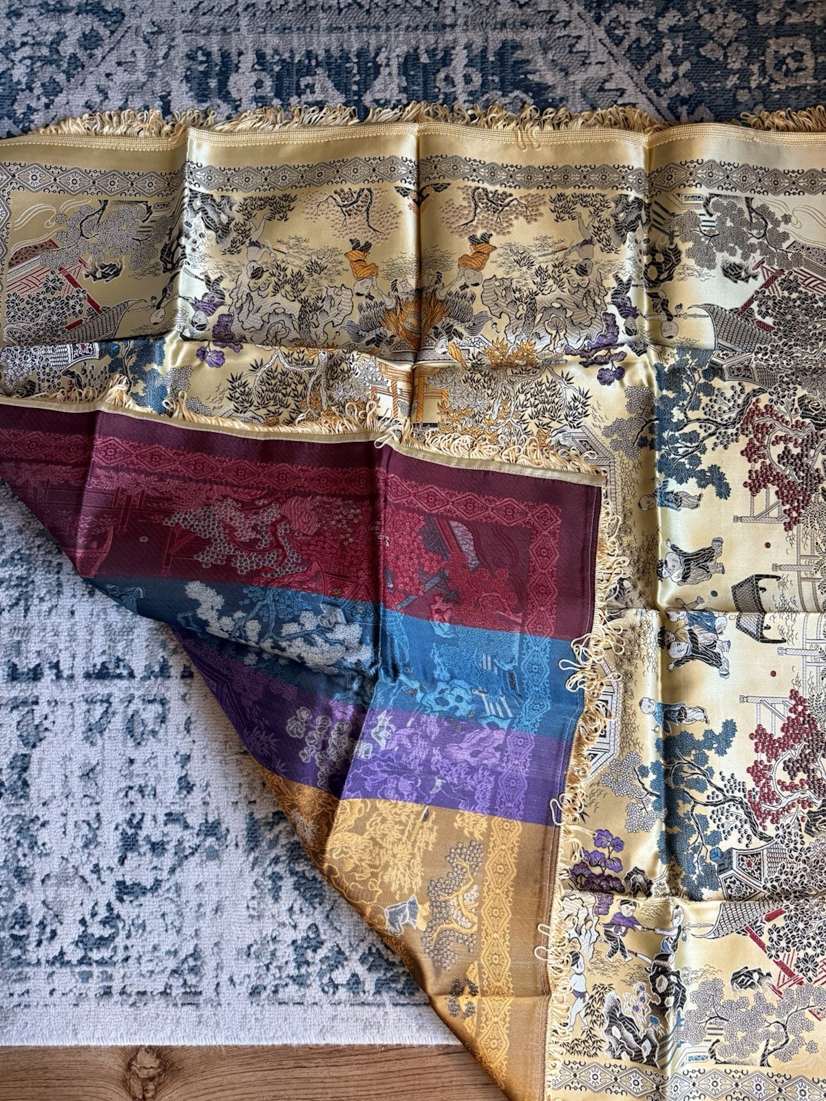 Vintage Chinese Silk Brocade Tablecloth woven fringe children scenes 37 x38”