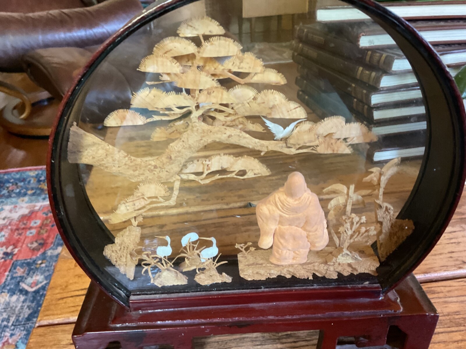Large Hand Carved Cork Wood Diorama Asian Crane Pagoda Trees Vtg Art Glass Case