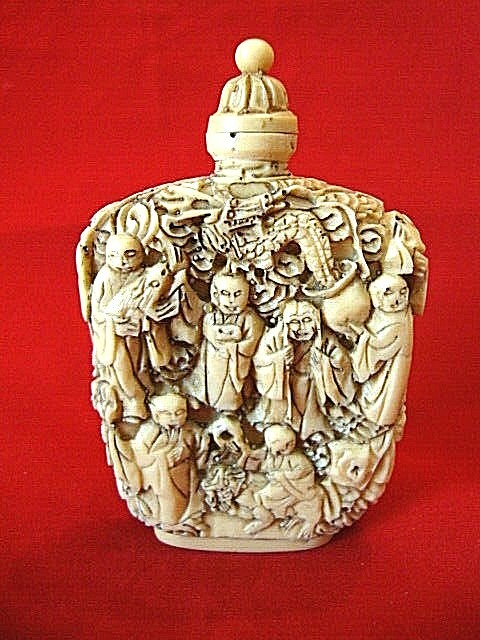 Vintage Cream Color Resin Chinese Style Bottle w/ Immortals & Dragons 3.5 X 2.5