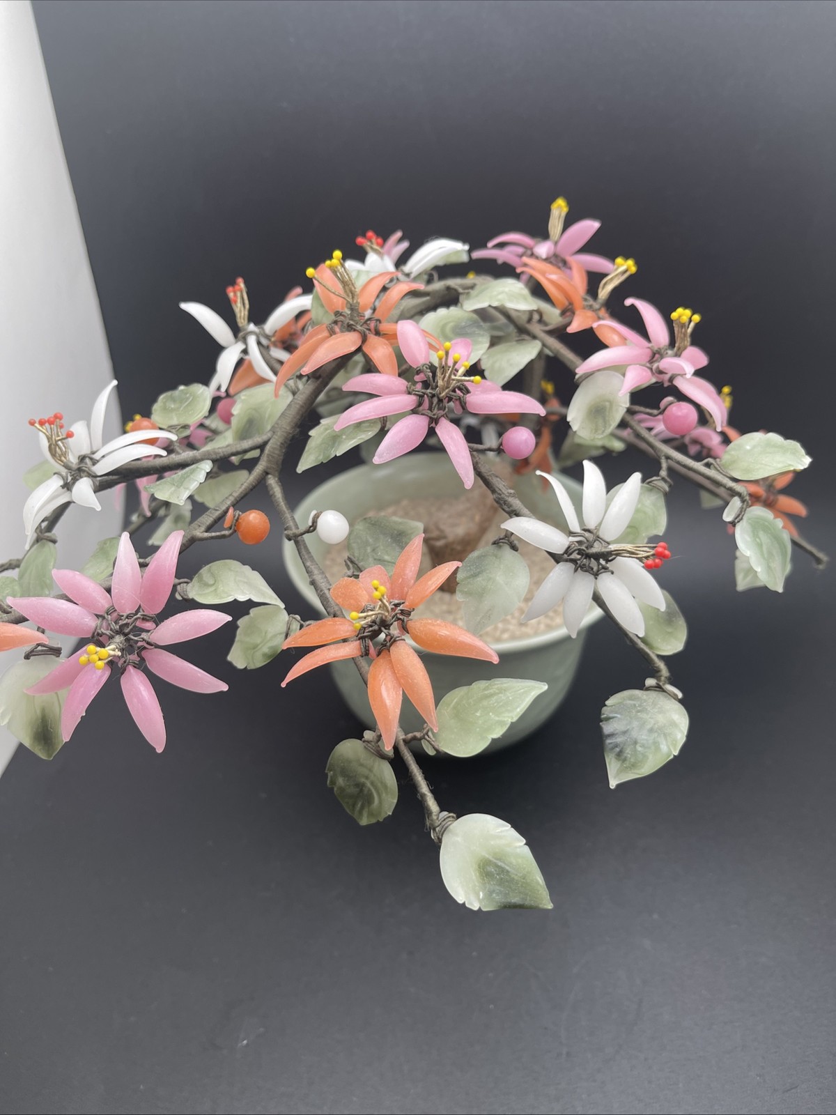 Vintage Medium Chinese Jade Quartz Stone Glass Flower Bonsai Tree Celadon As Is