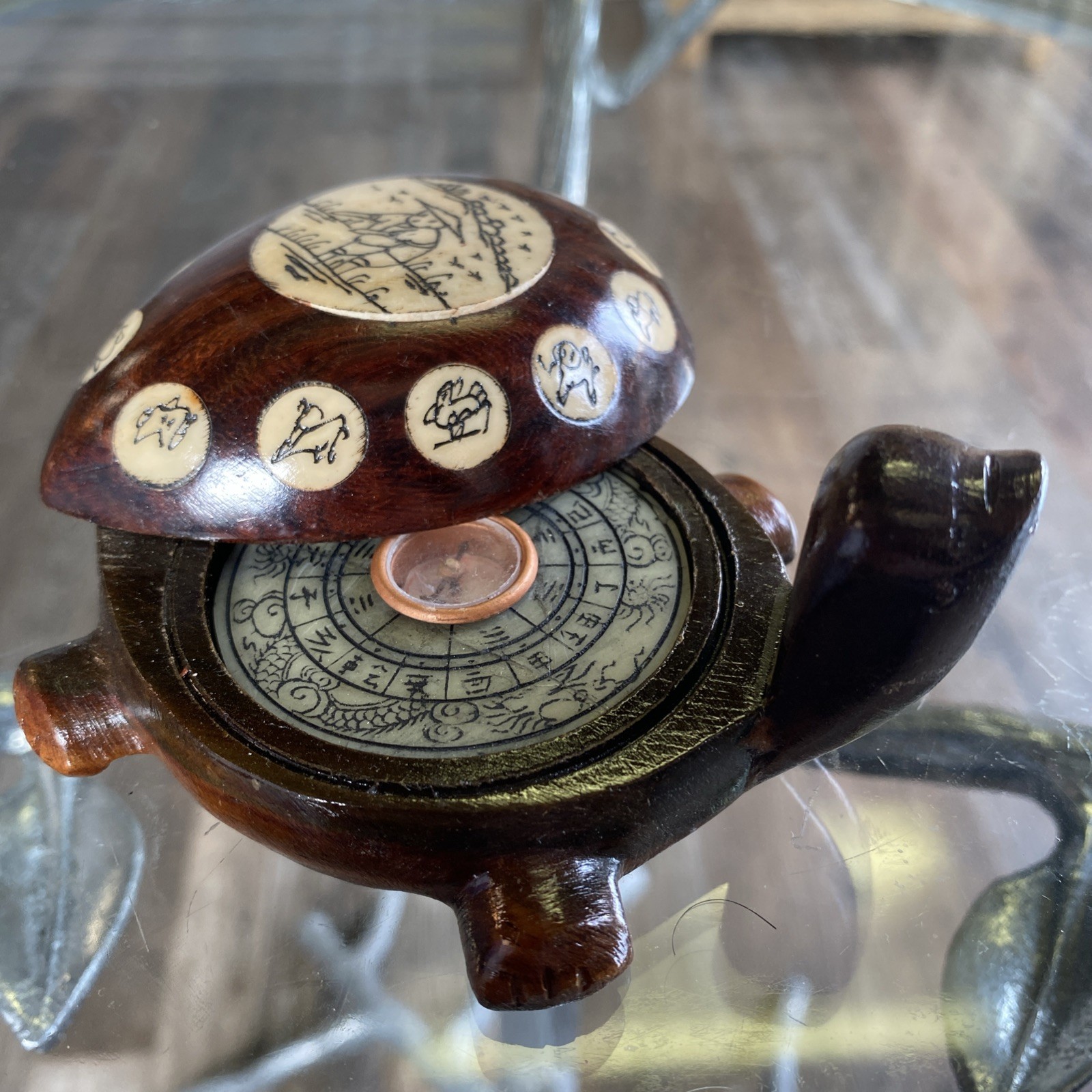 Vintage Carved Wood Turtle with Inlaid Chinese Zodiac Signs Opens to Compass 4”