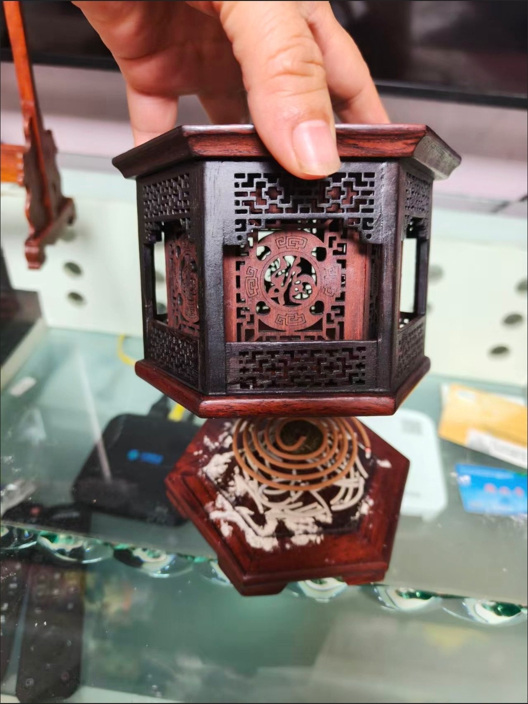 Red Rosewood Incense Burner Hexagonal Hollow Double Layer Wood Censer 10×13.5cm
