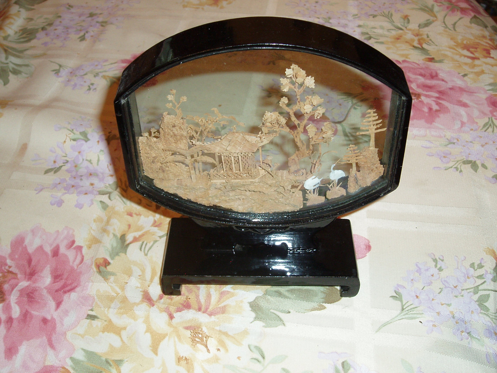 Vintage Chinese Artwork Cork Sculpture Rounded Display Pagoda Cranes Trees