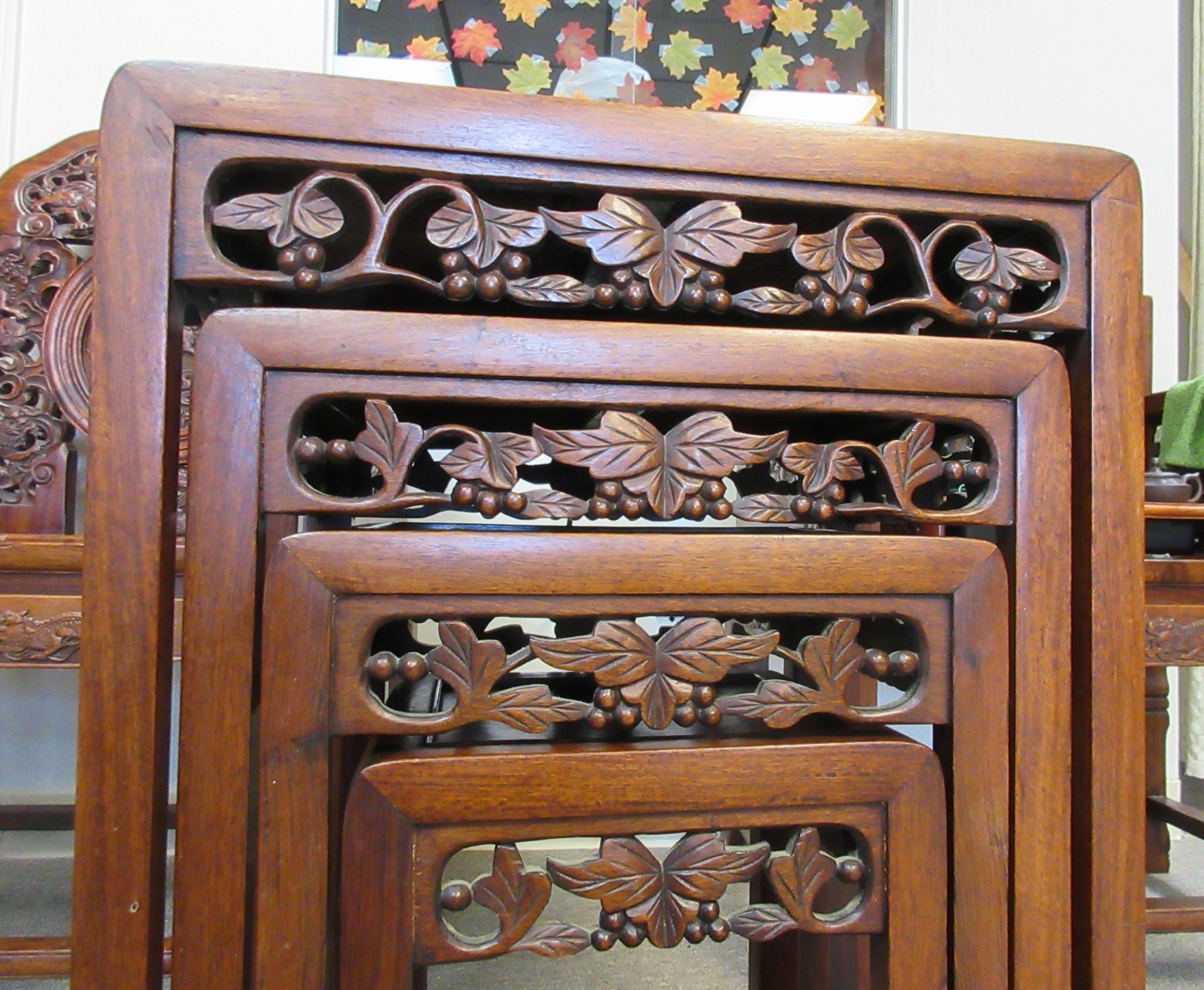 Chinese solid wood carved openwork four-piece flower stand set