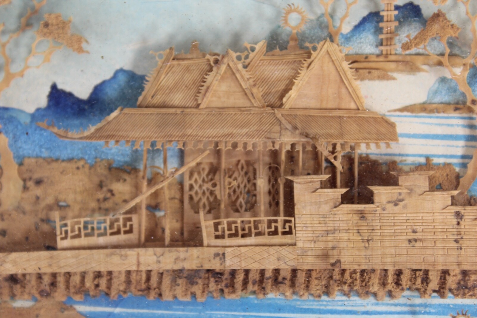 Antique Chinese Asian Miniature Wood Carving Village Scene Signed Stamp Framed