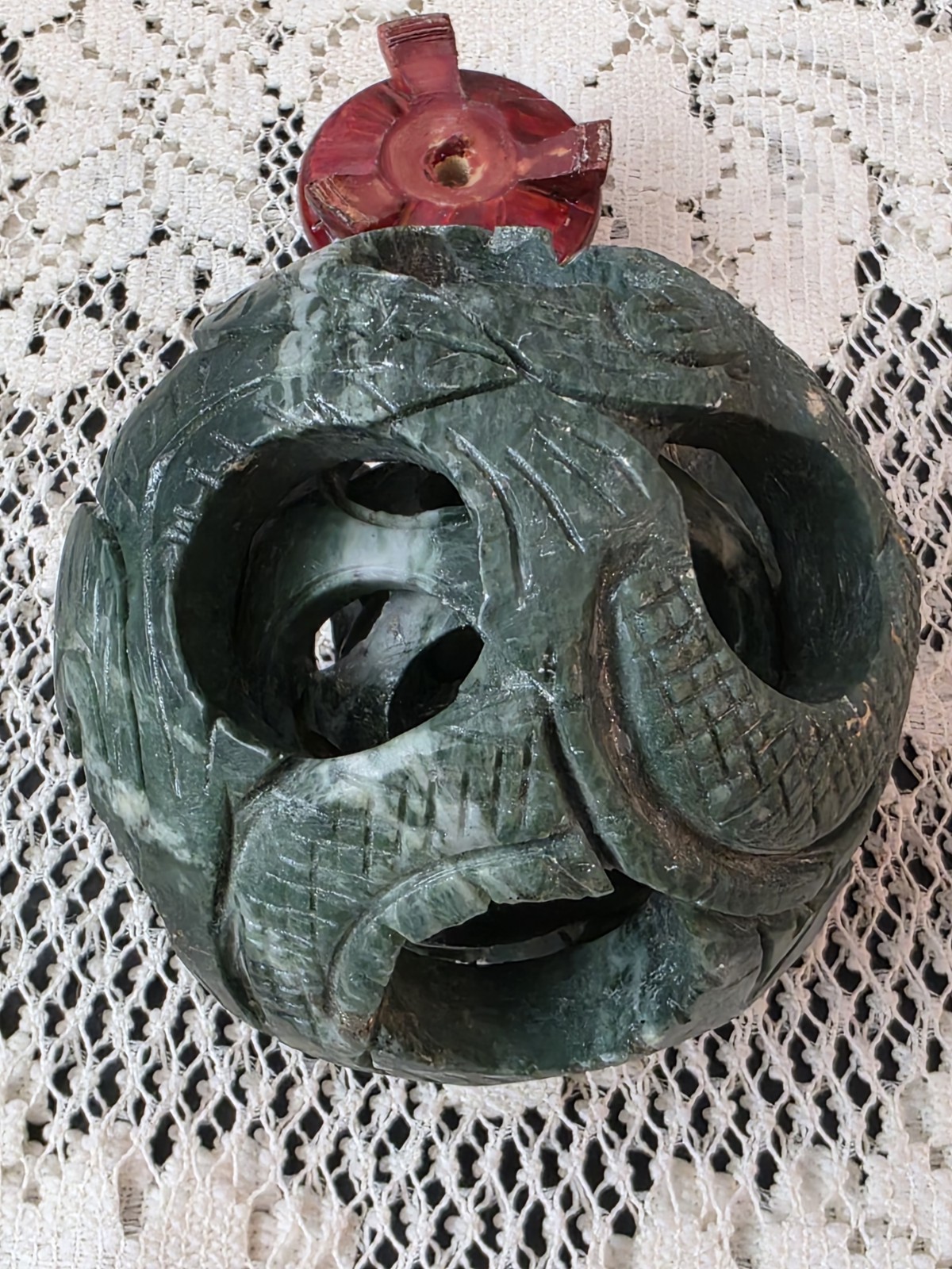 Vintage Carved Green Soapstone Chinese Puzzle Ball 4″ Mystery Sphere w/ Wood…