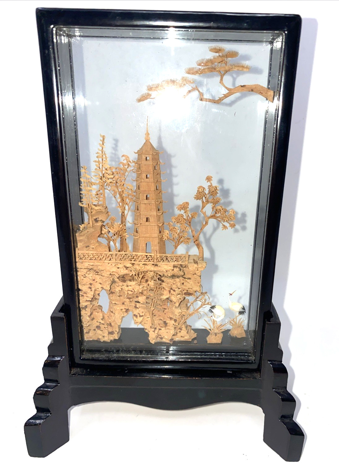 Vintage Chinese San You Cork Art Hand Carved Diorama Pagoda Cranes Trees