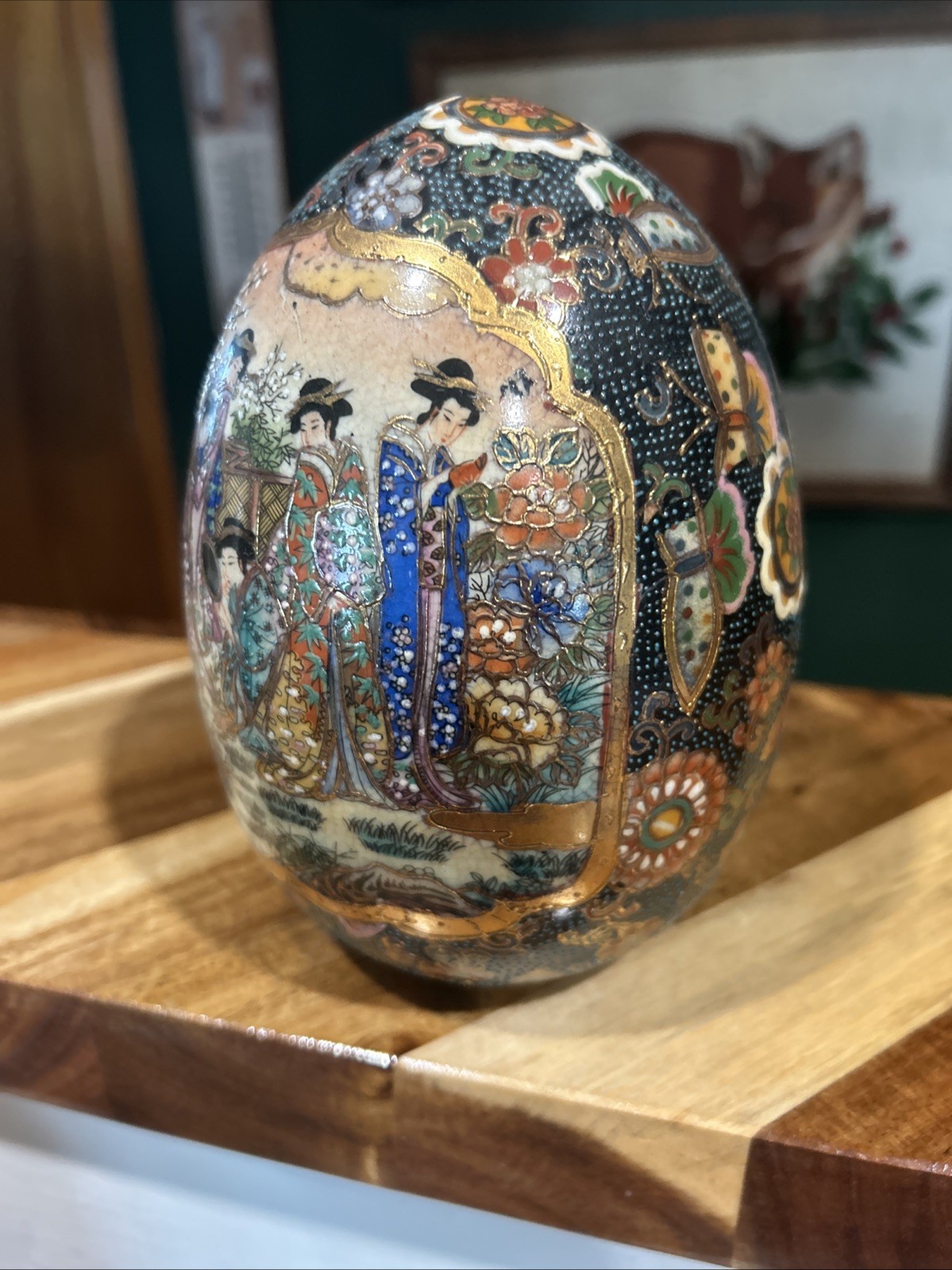 Vintage Satsuma Moriage Gilded Egg Hand Painted Porcelain Geishas in GardenJapan