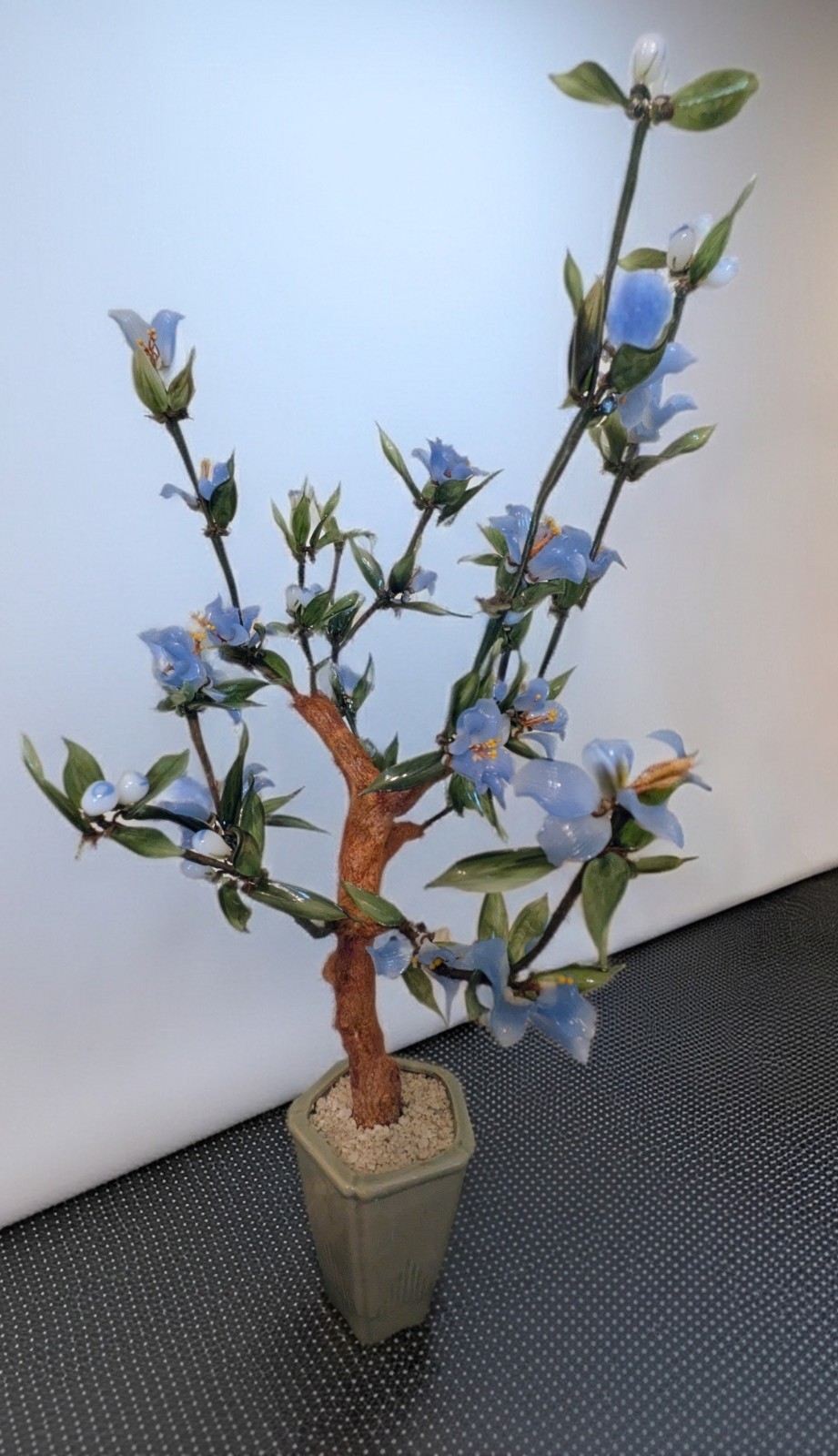 (Pair) Vintage 22″ Handmade Bonsai Blue/Green Glass Trees in Celedon Color Pots