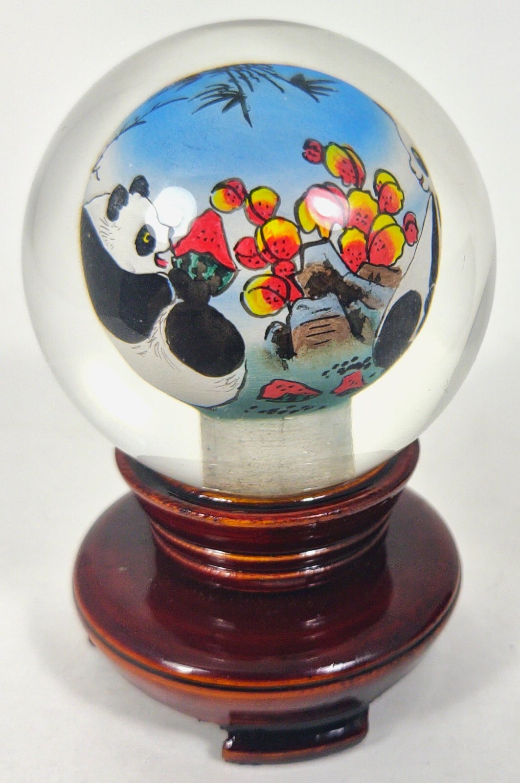 Chinese Reverse Painted Snuff Bottle Globe on Teak Pedestal Hand Painted Pandas