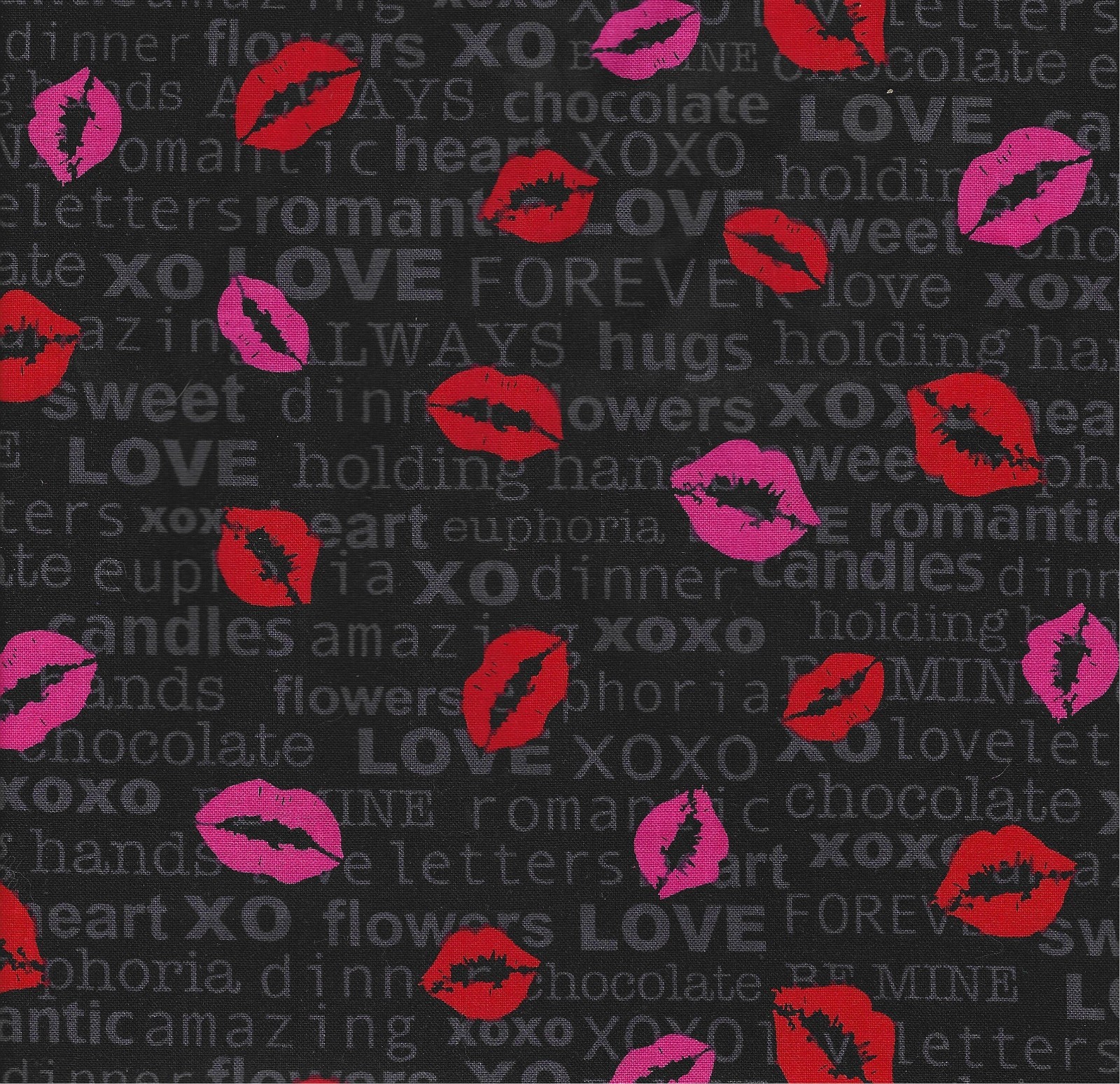Benartex Fabric “Kiss n Tell” Black Red Lips Cotton Half Yard (18″x44″)