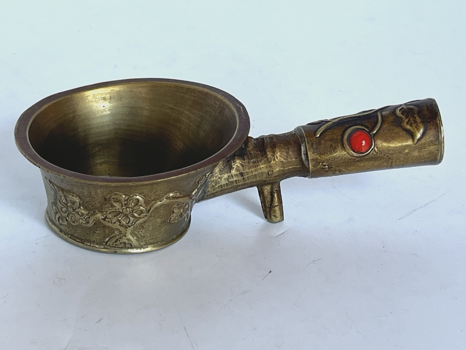 Vintage Brass Chinese Silk Coal Iron Floral Design Enamel Insets on Handle