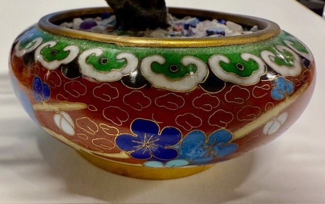 Chinese Quartz & Jade Flower Tree in Cloisonne Pot Vintage Bonzai for good luck