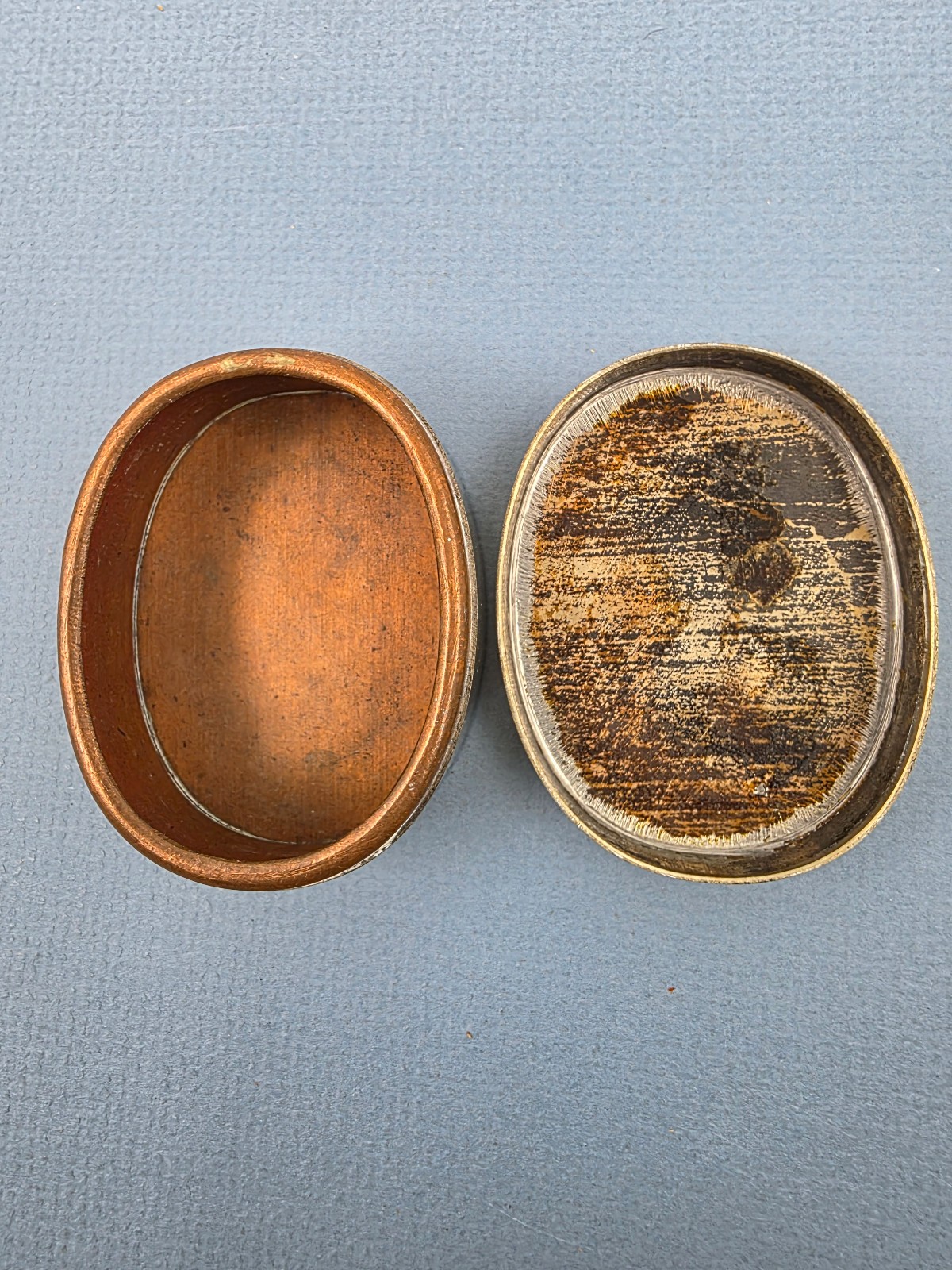 Vtg Chinese Oval Etched Top Paktong Brass Copper Scholar Calligraphy Ink Box 3″