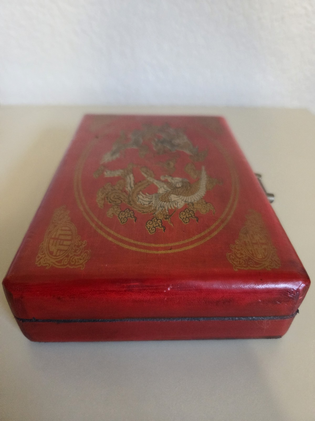 Vintage Chinese Abacus 2:5 Beads w/ Red Phoenix Dragon Brass Wood Box + Booklet
