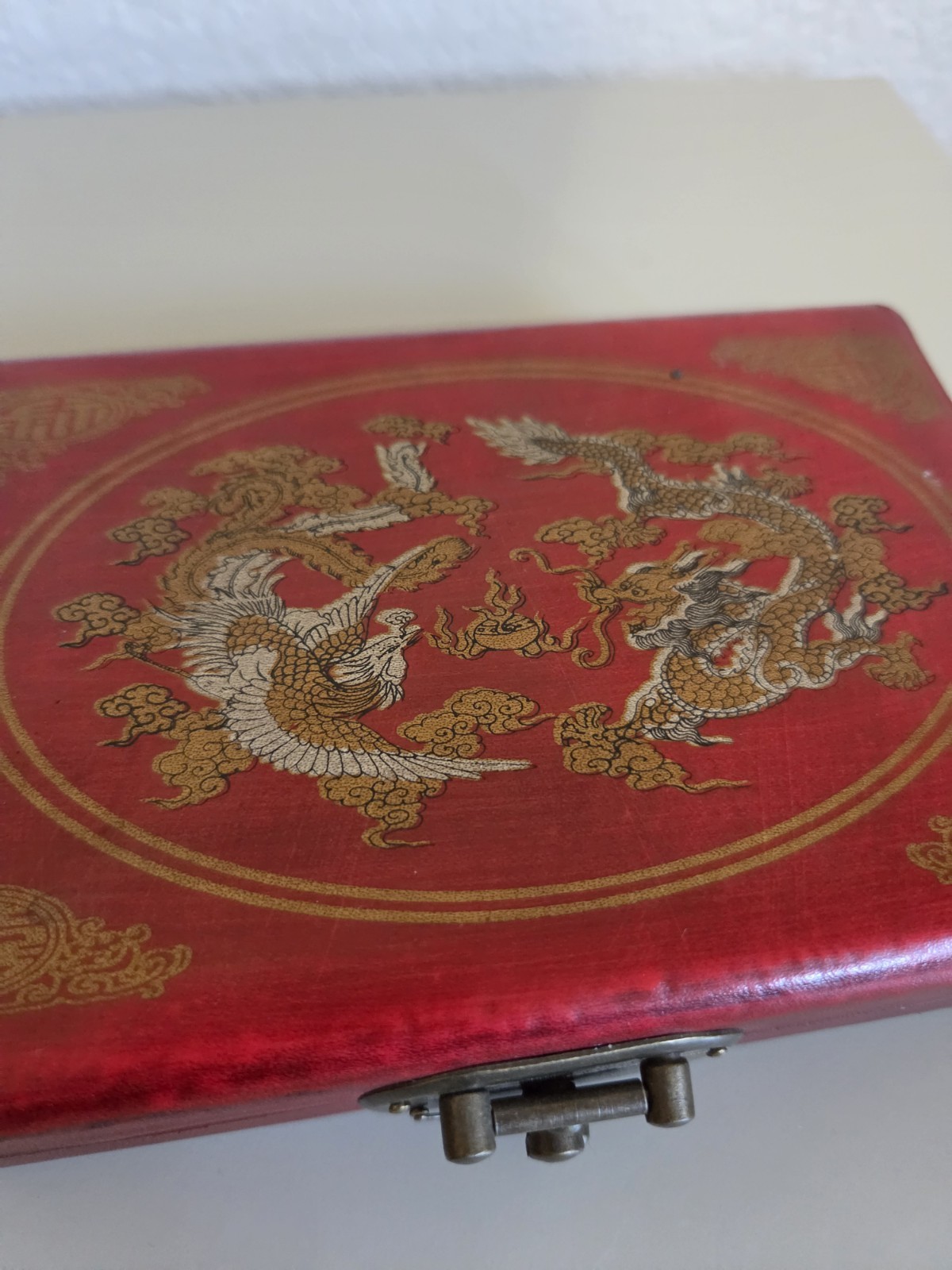 Vintage Chinese Abacus 2:5 Beads w/ Red Phoenix Dragon Brass Wood Box + Booklet