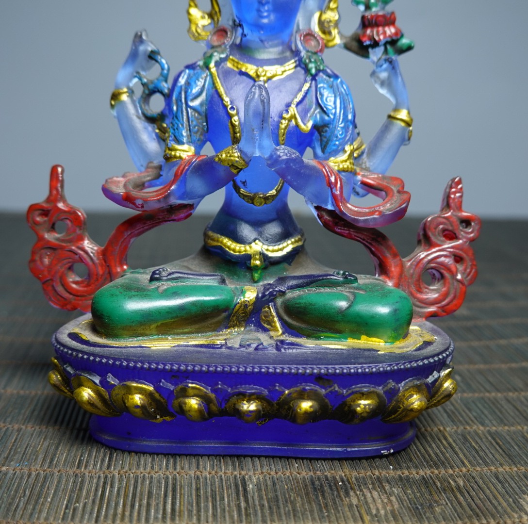 5.1″ Collect China Coloured Glaze Painted Four Arms Guanyin Kwan-yin Statue