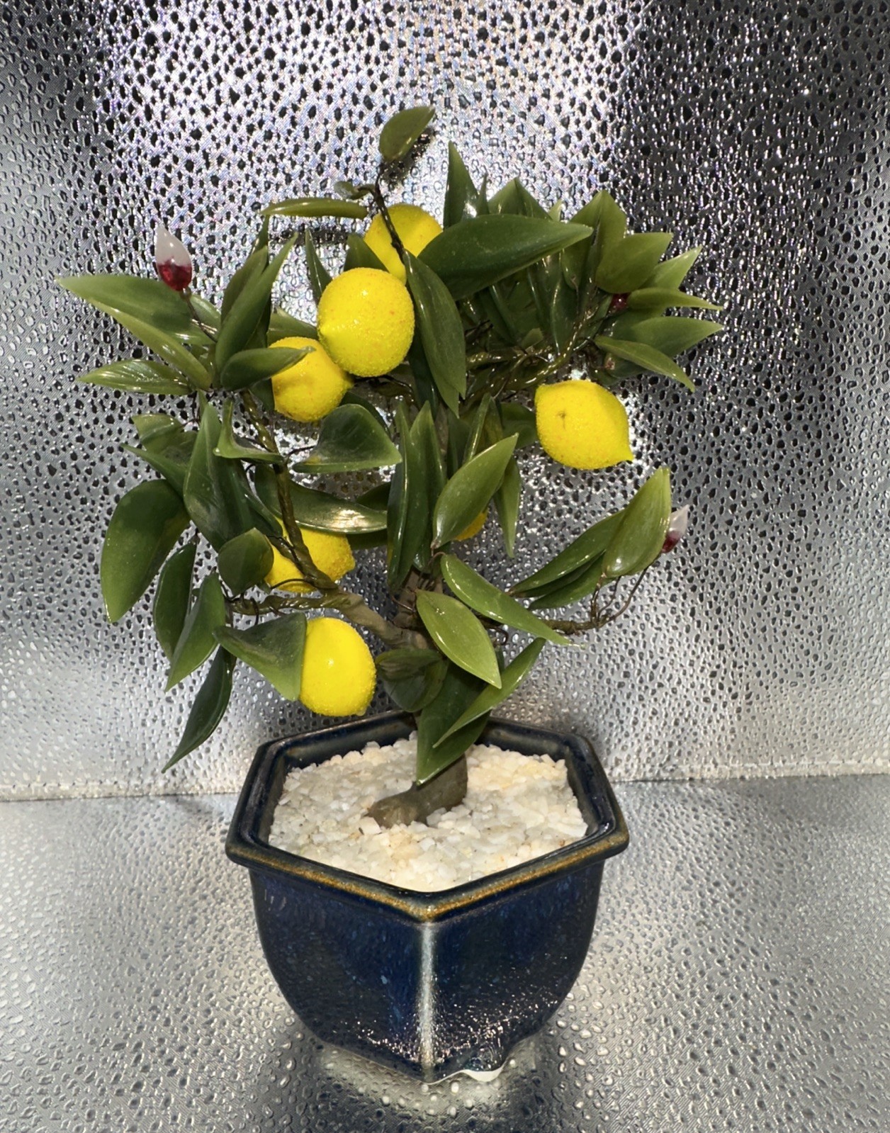 Vintage Asian Jade Glass Lemon Bonsai Small Tree 7.5”